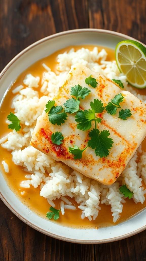 Tilapia fillets in coconut milk sauce garnished with cilantro, served over rice with lime.